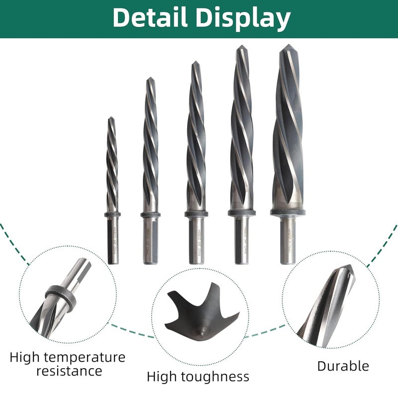 Riyhch 5PCS M35 HSS Taper Chucking Reamer Set 3/8",1/2",5/8",3/4",1" Fit 3/8" or 1/2" Shank Construction Reamer Drill Bit Bridge Also for Wood Alloy Steel Metal Align The Existing Hole and Expand The Reamer - Image 4